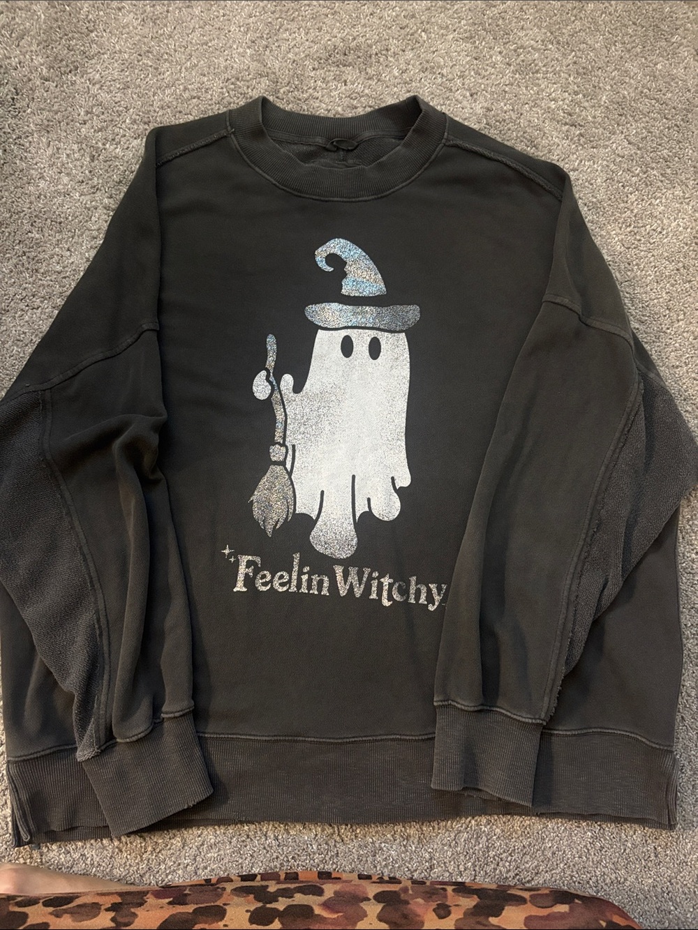 aerie Black Crewneck Sweater with Silver Ghost Graphic